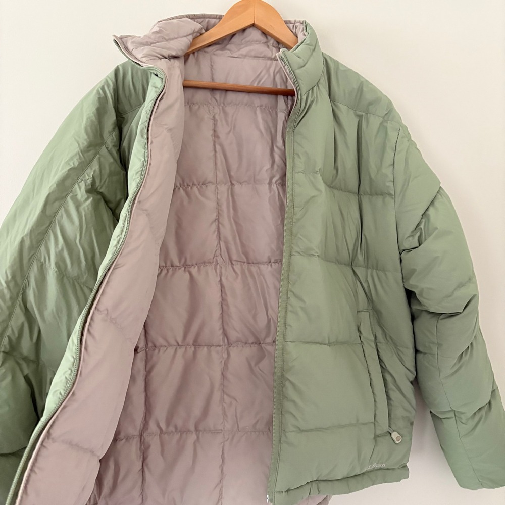 LL Bean Vintage Mens Puffer Jacket XL Green Tan Reversible Goose Down Full Zip